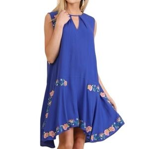 Umgee Blue Embroidered Swing Dress Keyhole Sharkbite Hem Dropped Waist Sz S